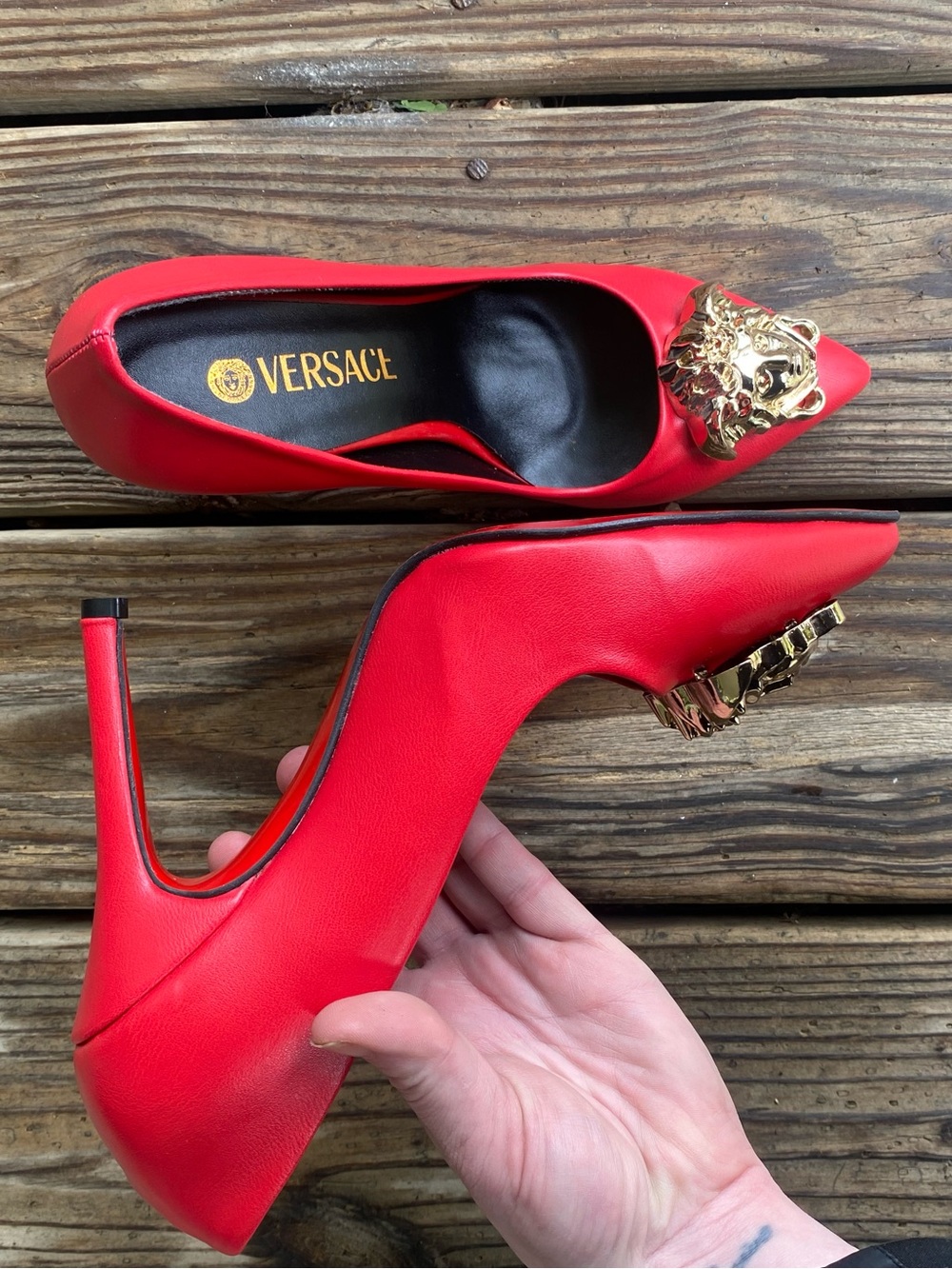✨Red Pumps w/ Gold Medusa Head Hardware 👠 statement shoes, Boujee